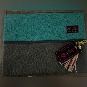 Makeup Junkie Bags Teal and Gray Embossed Cosmetic Clutch